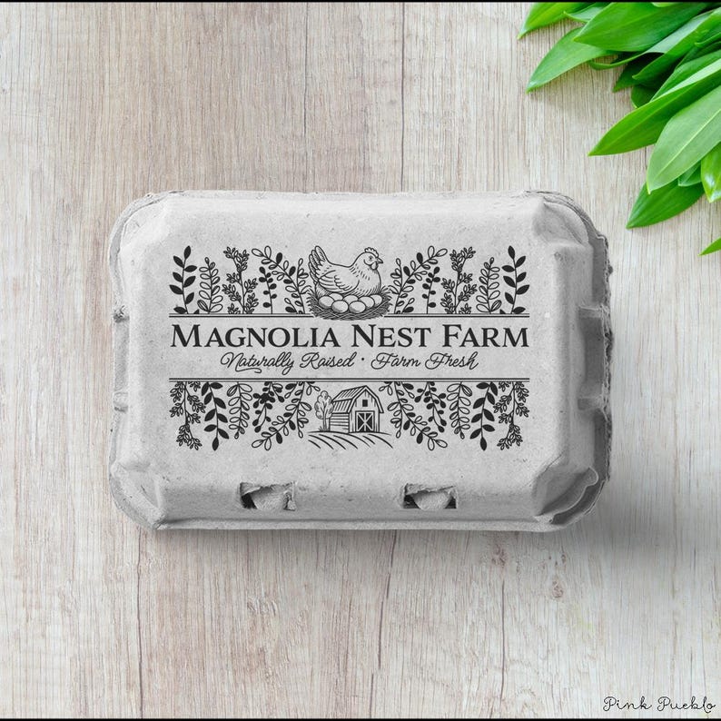 Custom rubber stamp impression reading "Hen & Harvest Farm – Naturally Raised · Farm Fresh" stamped in black ink on the inside lid of a green egg carton, shown with a dozen fresh brown eggs. Perfect for backyard chicken keepers, small farms, and handmade packaging.