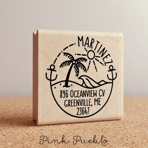 Beach Return Address Stamp, Round Address Stamp with Ocean and Palm Tree image 2