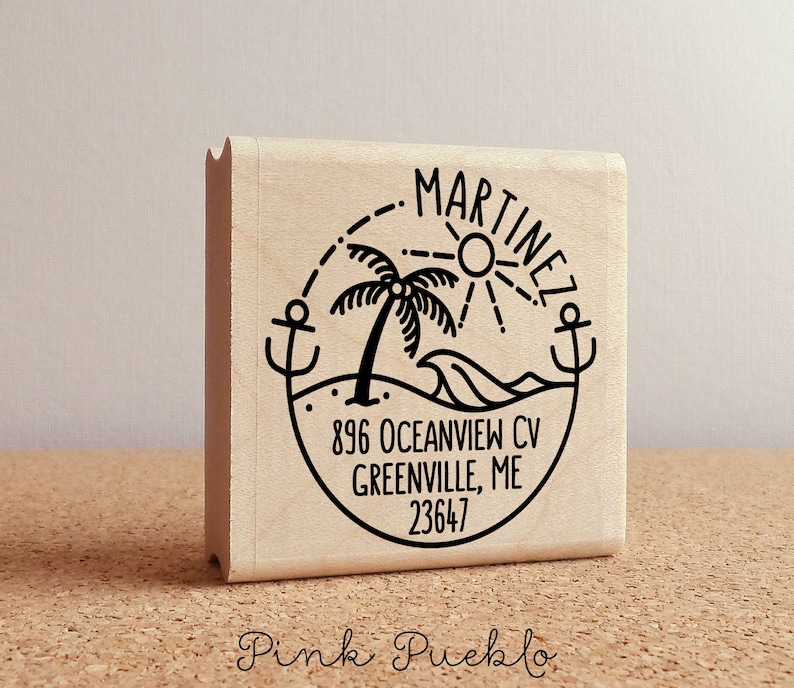 Beach Return Address Stamp, Round Address Stamp with Ocean and Palm Tree image 2