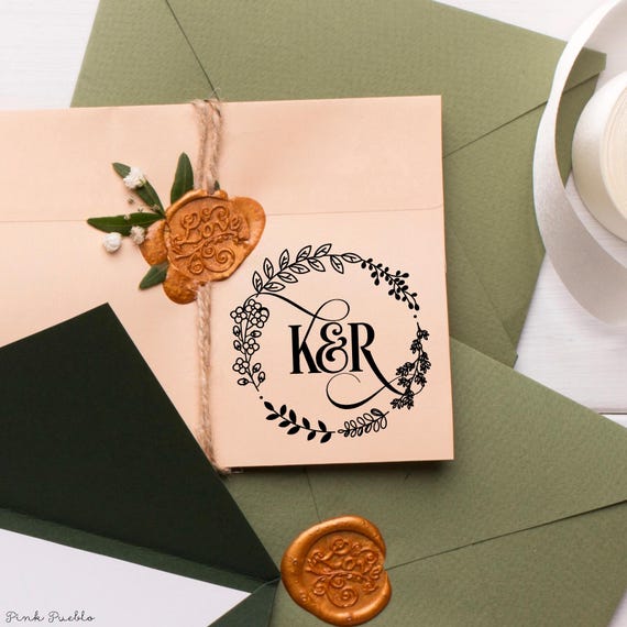 Wedding Rubber Stamp with Monogram | Custom Floral Stamp for DIY Wedding Invitations, Favors, Menus & More
