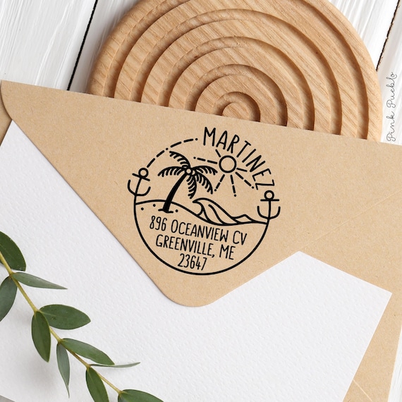Self Inking Return Address Stamp with Beach, Round Self Inking Return Address Stamp with Ocean