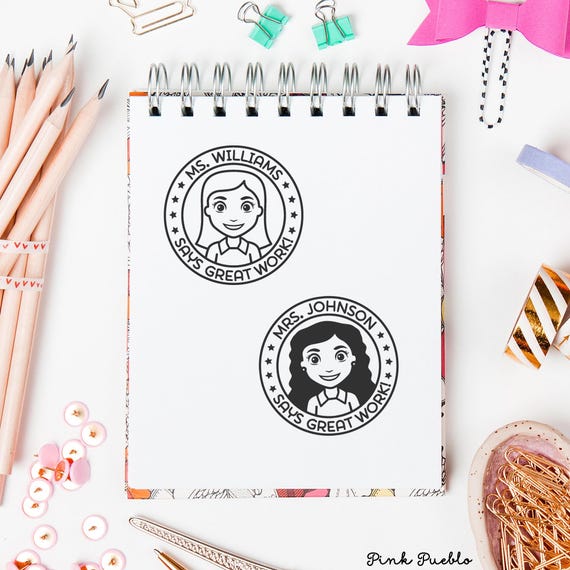 Personalized Teacher Stamp | Custom Female Teacher Rubber Stamp | Unique Teacher Gift with Hairstyle & Accessories