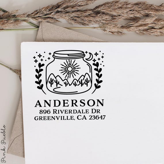 Desert Return Address Stamp with Cactus and Mountains in Mason Jar | Custom Stamp for Housewarming Gift or Wedding Gift