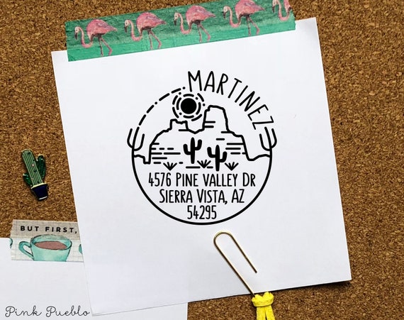 Desert Themed Self Inking Return Address Stamp, Round Self Inking Return Address Stamp with Desert and Cactus