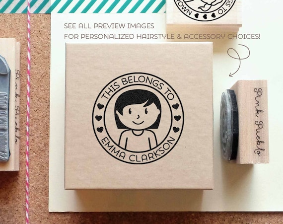 Personalized Kids Label Stamp, Personalized Rubber Stamp for Children - Choose Hairstyle and Accessories