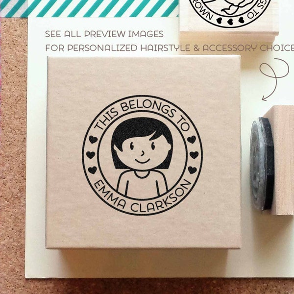 Personalized Kids Label Stamp, Personalized Rubber Stamp for Children - Choose Hairstyle and Accessories