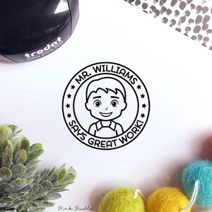 Self Inking Teacher Stamp | Personalized Face Stamp for Male Teachers | Mini Custom Classroom Grading & Feedback Stamp