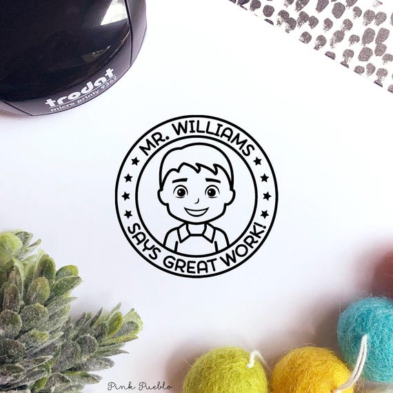 Self Inking Teacher Stamp | Personalized Face Stamp for Male Teachers | Mini Custom Classroom Grading & Feedback Stamp
