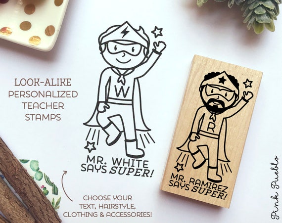 Superhero Teacher Rubber Stamp, Personalized Teacher Gift, Teacher Stamp for Grading - Choose Hairstyle and Accessories