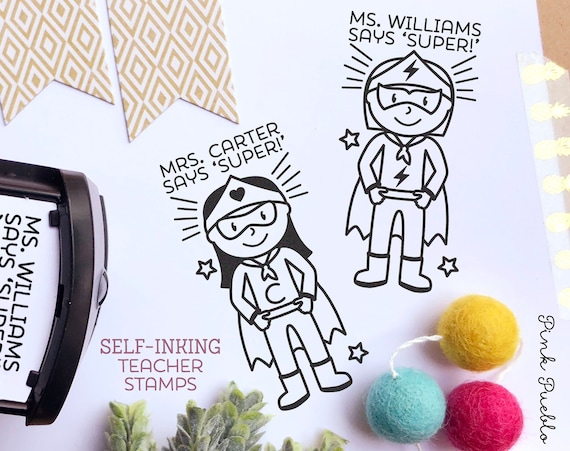 Self Inking Teacher Stamp, Superhero Teacher Stamp, Personalized Teacher Gifts - Choose Hairstyle and Accessories