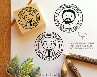 Personalized Spanish Teacher Stamp, Custom Teacher Stamp, Male Spanish Teacher Gift - Choose Hairstyle and Accessories