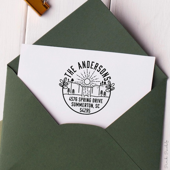 Custom Mountain Address Stamp | Personalized Return Address Stamp | Self Inking Round Envelope Stamp for New Homeowners