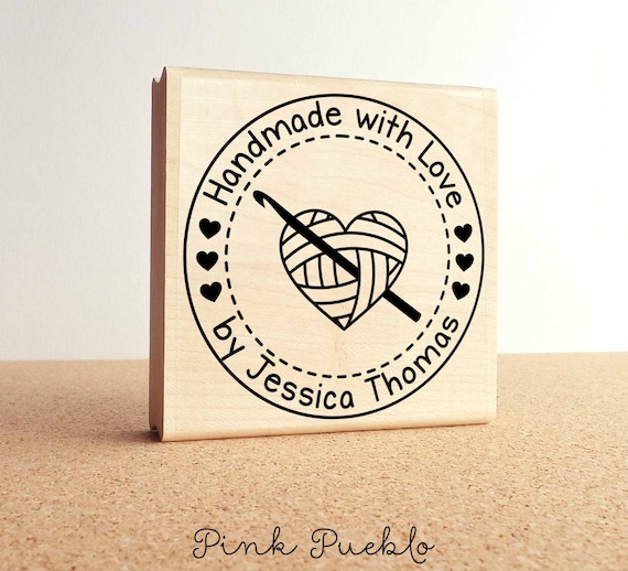 Large 3x3" Personalized Crochet Rubber Stamp, Handmade with Love Crochet Label Stamp