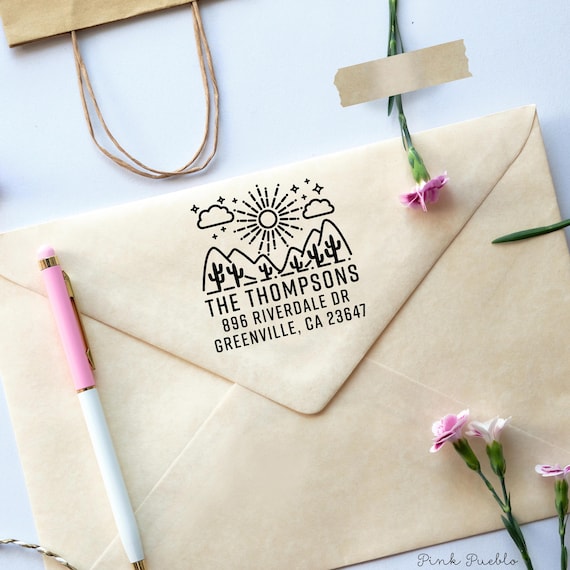 Personalized Mid Century Modern Return Address Rubber Stamp | Desert Cactus Mountain Design
