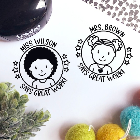 Mini Self-Inking Teacher Stamp, Personalized Custom Teacher Rubber Stamp Gift - Choose Hairstyle and Jewelry