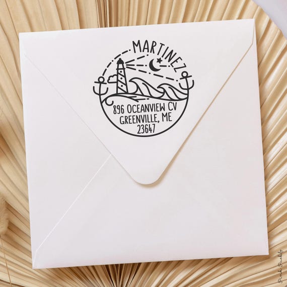 Self Inking Return Address Stamp, Round Self Inking Return Address Stamp with Beach and Lighthouse