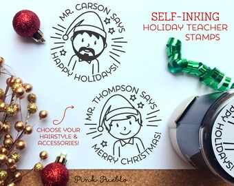 Self Inking Christmas Teacher Stamps, Teacher Christmas Gifts, Merry Christmas Stamp - Choose Hairstyle and Accessories