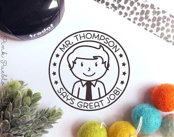 Mini Self-Inking Teacher Stamp, Personalized Teacher Stamp Gift - Choose Hairstyle and Accessories