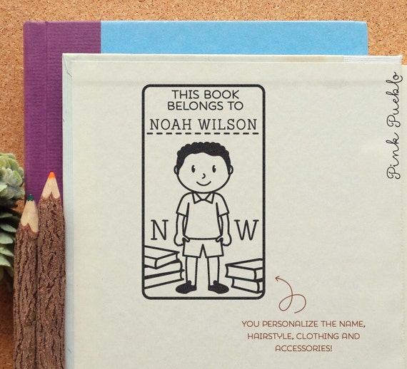 Bookplate Stamp for Kids, Personalized Custom Bookplate Rubber Stamp for Boy - Choose Hair, Clothing and Name