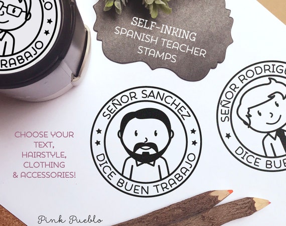 Self Inking Spanish Teacher Stamp, Spanish Teacher Gift - Choose Hairstyle and Accessories