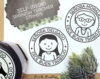 Self-Inking Spanish Teacher Stamp, Personalized Teacher Stamp, Spanish Teacher Gift - Choose Hairstyle and Accessories