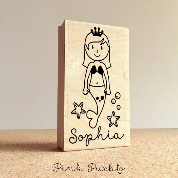 Personalized Mermaid Rubber Stamp for Children, Custom Mermaid Name Stamp - Choose Hairstyle and Accessories