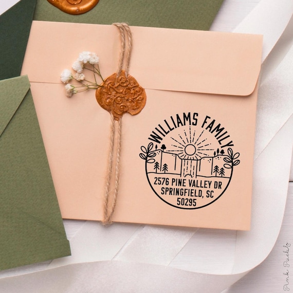 Personalized Address Stamp with Mountains, River, and Waterfall | Custom Rustic Return Address Stamp for Nature Lovers