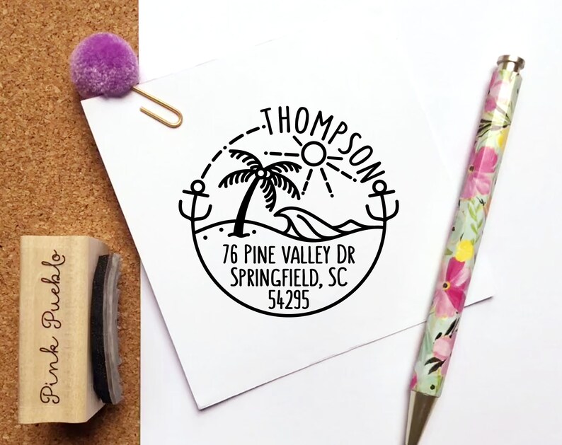 Beach Return Address Stamp, Round Address Stamp with Ocean and Palm Tree image 1