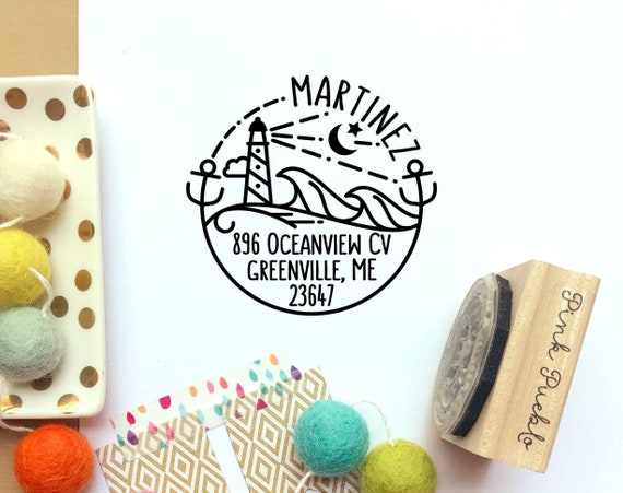 Beach Address Stamp | Personalized Return Address Stamp with Lighthouse and Ocean | Custom Nautical Address Stamper