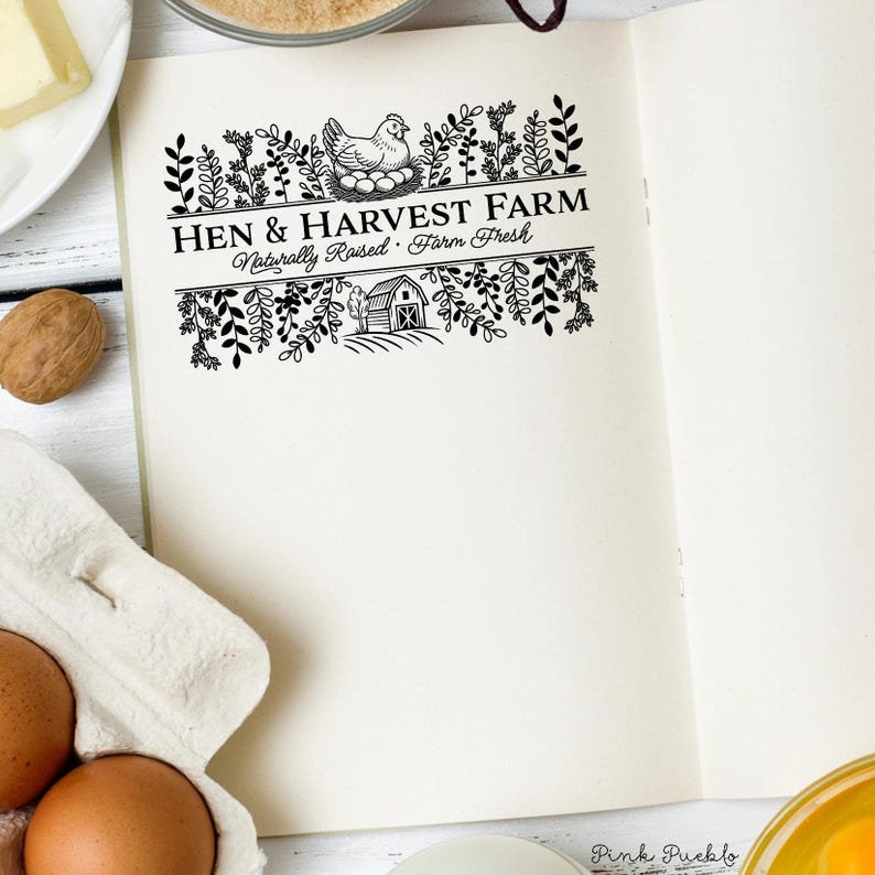 Custom rubber stamp impression reading "Hen & Harvest Farm – Naturally Raised · Farm Fresh" stamped in black ink on the inside lid of a green egg carton, shown with a dozen fresh brown eggs. Perfect for backyard chicken keepers, small farms, and handmade packaging.