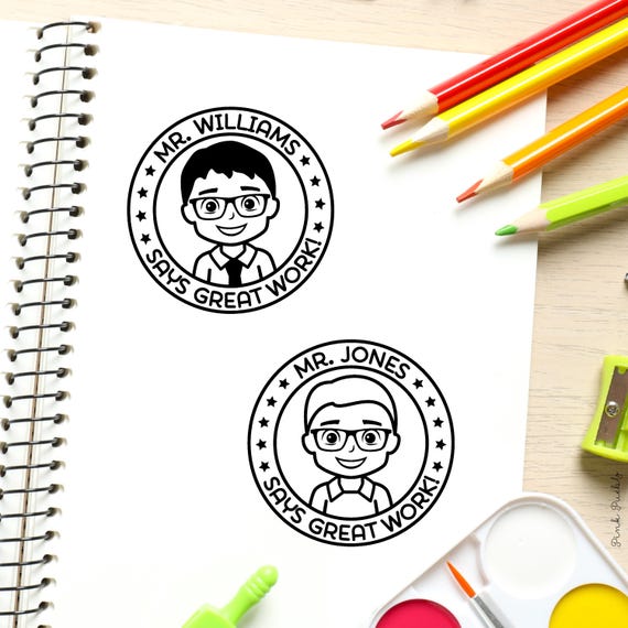 Self Inking Teacher Stamp | Personalized Face Stamp for Male Teachers | Mini Custom Rubber Stamp for Classroom & Grading