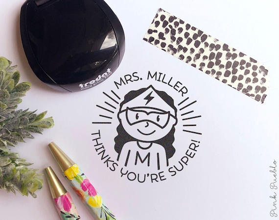 Mini Self Inking Superhero Teacher Stamp, Personalized Teacher Gift
