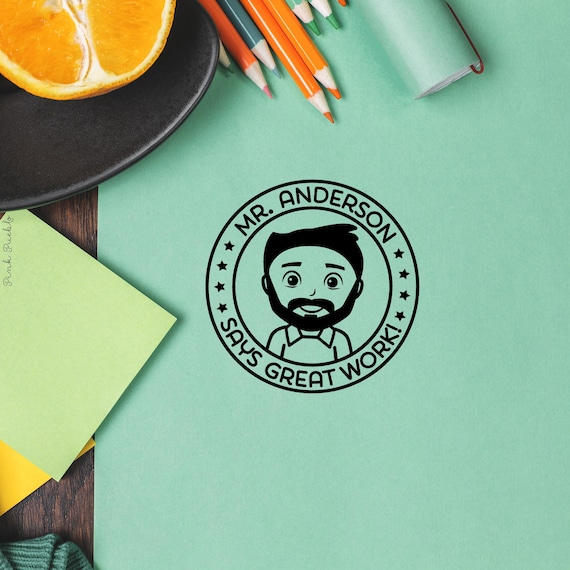 Personalized Male Teacher Rubber Stamp | Custom Grading Stamp with Face and Text | Teacher Appreciation Gift