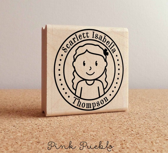 Personalized Rubber Stamp for Girls, Custom Childrens Name Rubber Stamp  Choose Hairstyle and Accessories 