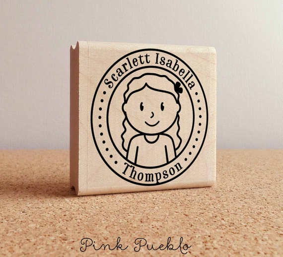 Personalized Rubber Stamp for Girls, Custom Childrens Name Rubber Stamp - Choose Hairstyle and Accessories