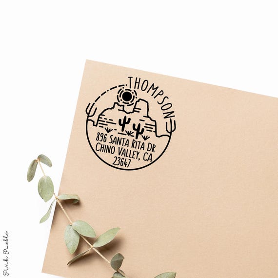 Desert Cactus Return Address Rubber Stamp | Personalized Modern Design with Mountains