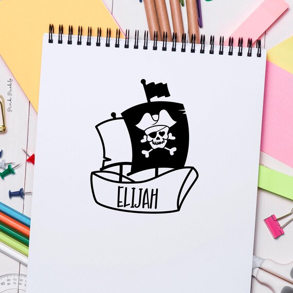 Personalized Pirate Name Stamp | Custom Rubber Stamp for Kids | Large Pirate Ship Stamp | Birthday Gift for Boys
