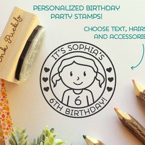 Personalized Birthday Stamp for Girls, Custom Rubber Stamps for Birthday Party - Choose Hairstyle and Accessories