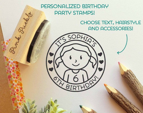 Personalized Birthday Stamp for Girls, Custom Rubber Stamps for Birthday Party - Choose Hairstyle and Accessories