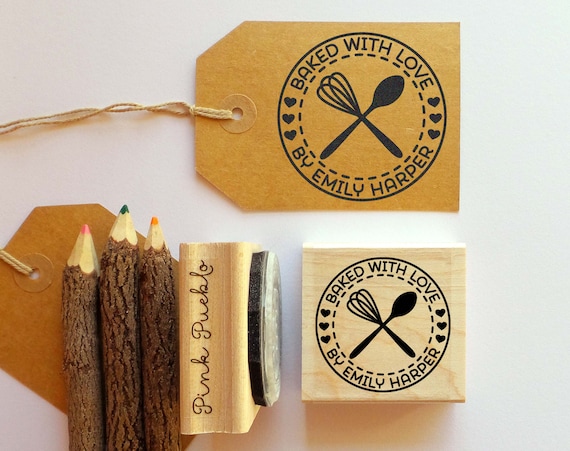 Personalized Baking and Cooking Rubber Stamp, Baked with Love Stamp with Whisk and Spoon