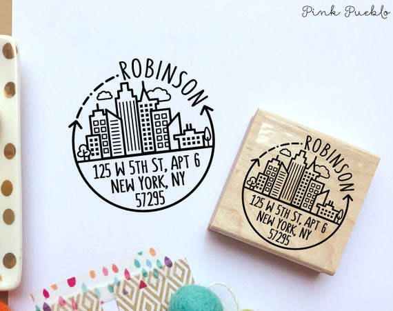 City Skyline Address Stamp, Return Address Stamp with Modern Geometric Cityscape
