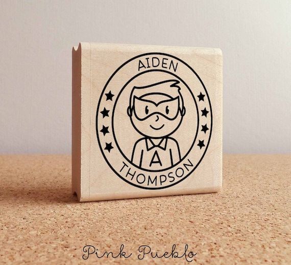 Personalized Boy Superhero Rubber Stamp - Choose Name, Hairstyle and Accessories