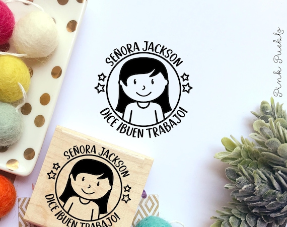 Custom Female Spanish Teacher Rubber Stamp | Personalized Gift with Hairstyle & Accessory Choices