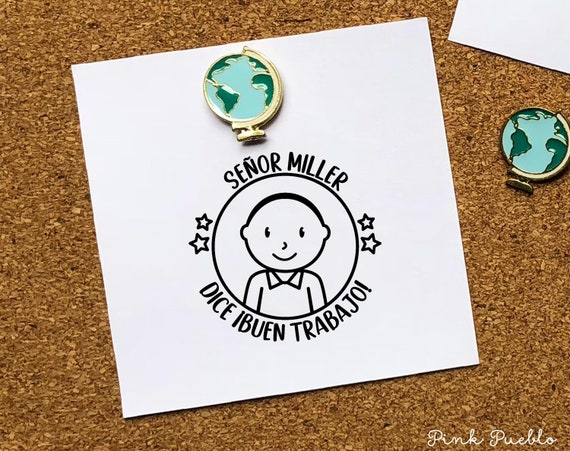 Spanish Teacher Rubber Stamp | Personalized Custom Gift for Male Teachers with Hairstyle, Name & Accessories