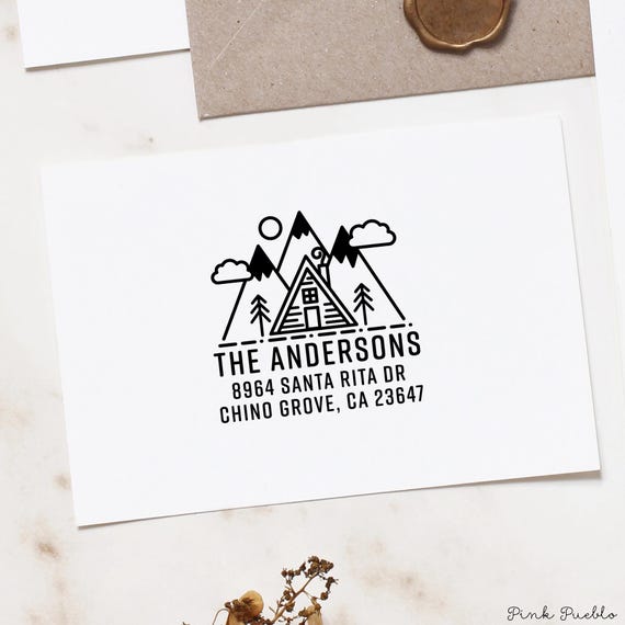 Mountain Cabin Return Address Stamp | Personalized Round Stamp for Camping, Cottagecore, or Housewarming Gift