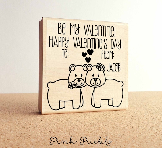 Large 3x3" Personalized Valentine Bear Rubber Stamp, Custom Forest Animals Valentine's Day Stamp for kids
