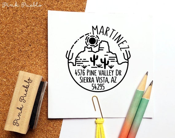 Desert Address Stamp, Cactus Return Address Stamp, Personalized Modern Return Address Stamp with Cactus and Mountains
