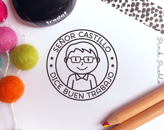 Personalized Mini Self-Inking Spanish Teacher Stamp | Custom Face Stamp for Educators | Teacher Appreciation Gift