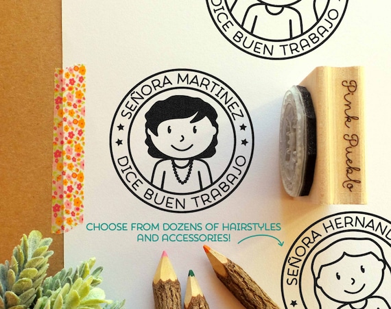 Spanish Teacher Stamp, Personalized Teacher Rubber Stamp, Spanish Teacher Gift - Choose Hairstyle and Accessories