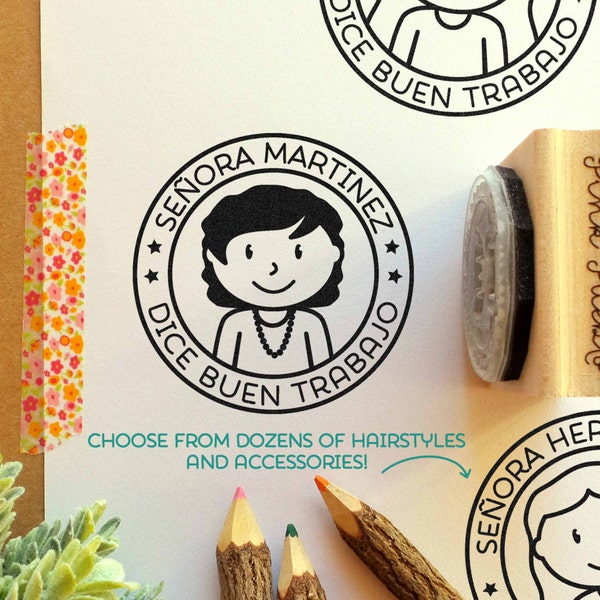 Spanish Teacher Stamp, Personalized Teacher Rubber Stamp, Spanish Teacher Gift - Choose Hairstyle and Accessories